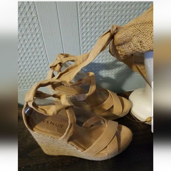 Venus Gladiator Wrap Espadrille Wedge Sandals Natural Faux Suede Women's Sz. 10M - Picture 5 of 13